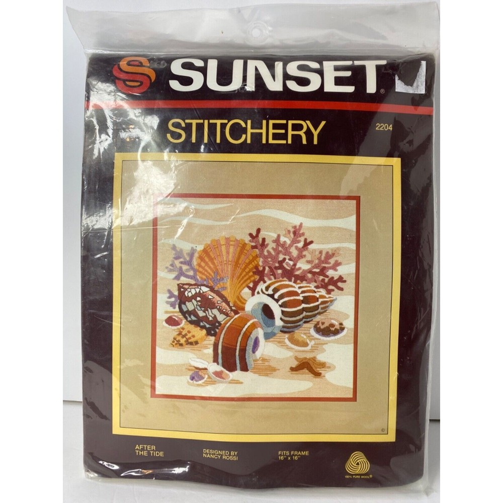 Vintage '82 Sunset Stitchery 2204 "After the Tide" Shells 16" x 16" Kit #1193
